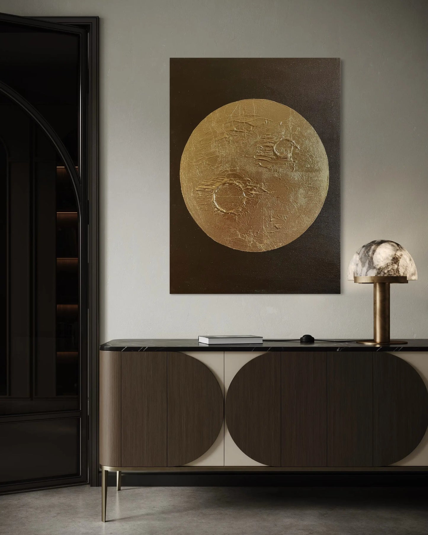 Tableau grand format , Lune dorée – Terre d’ombre. Une œuvre luxueuse réalisée à la main .
