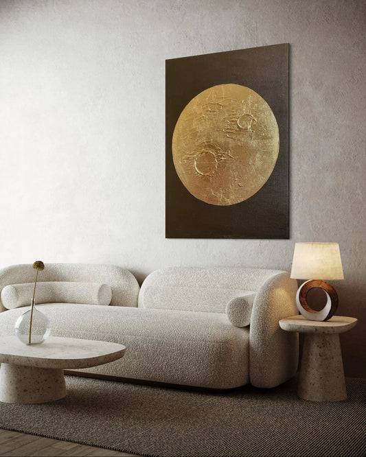 Tableau grand format sur lin, Lune dorée – Terre d’ombre. Une œuvre luxueuse réalisée à la main sous 4 à 6 semaines.