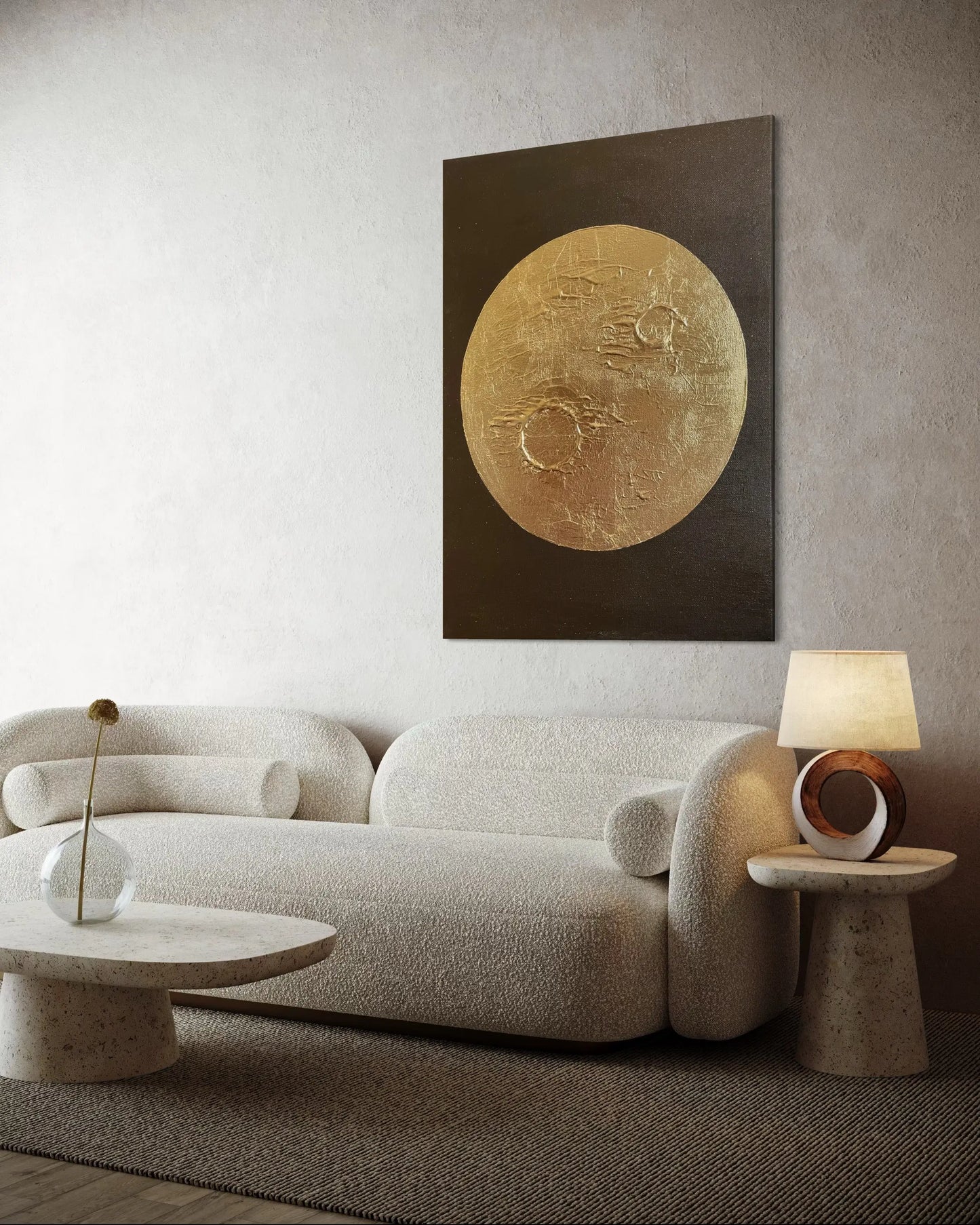 Tableau grand format sur lin, Lune dorée – Terre d’ombre. Une œuvre luxueuse réalisée à la main sous 4 à 6 semaines.